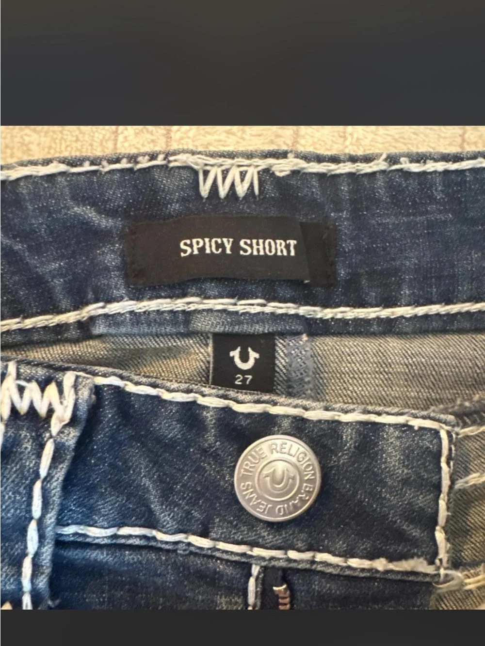 True Religion Indigo Denim Cutoff Shorts with Contrast Stitching